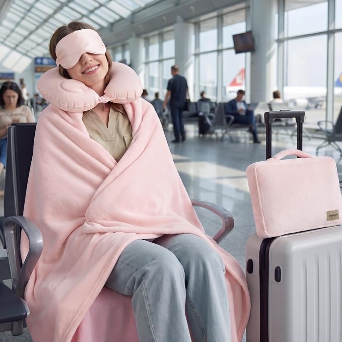 Bedsure Travel Blanket Set with Inflatable Neck Pillow and Eye Mask - Lightweight 3-in-1 Airplane Packable Blanket, Compact Travel Essentials, Pink - Image 9