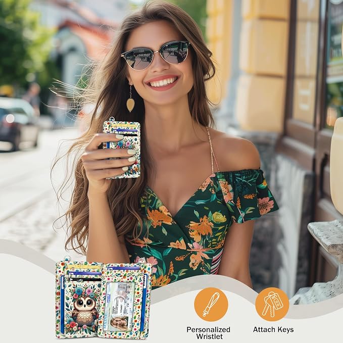 Yonlevres Floral Owl Credit Card Holder Slim RFID Wallet Women Small Travel | Front Pocket, Handy, RFID Blocking, Woman Girls Ladies Gifts, D-ring for Keychain,Thin Mini Card Case, ID Window, PU Leather - Image 2