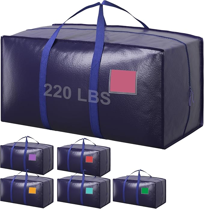 6 Pack Moving Bags Heavy Duty 210GSM with Full-Open Side Zipper, 93L 220lbs Waterproof Foldable Storage Totes for College Dorm Move-In, Moving Boxes Alternative & Home Organization, Blue by RMOHRO