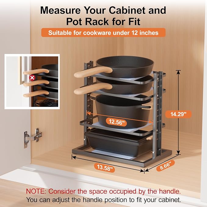 LAMU Pots and Pans Organizer for under Cabinet, 4-Tier Heavy Duty Pan Pot Organizers inside Cabinet, Adjustable Pot Rack Kitchen Cabinet Organization and Storage Holds up to 12" Cookware - Image 2
