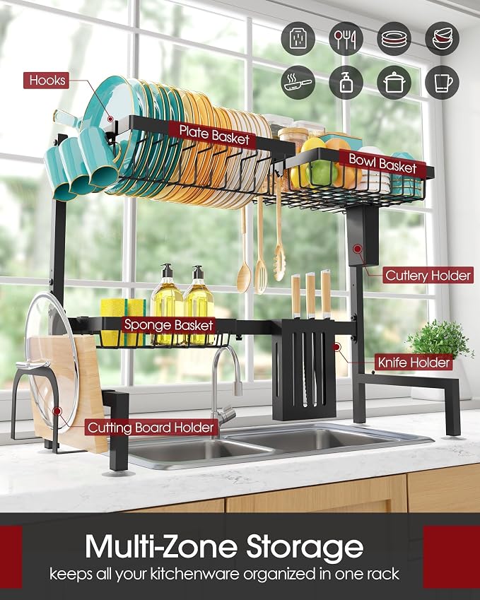 Sakugi Over The Sink Dish Drying Rack - Adjustable 2 Tier Large Capacity Stainless Steel Drainer with Cutlery & Utensil Holders, Kitchen Storage & Organization, 30"-33.9" L x 11" W x 21.5" H, Black - Image 2