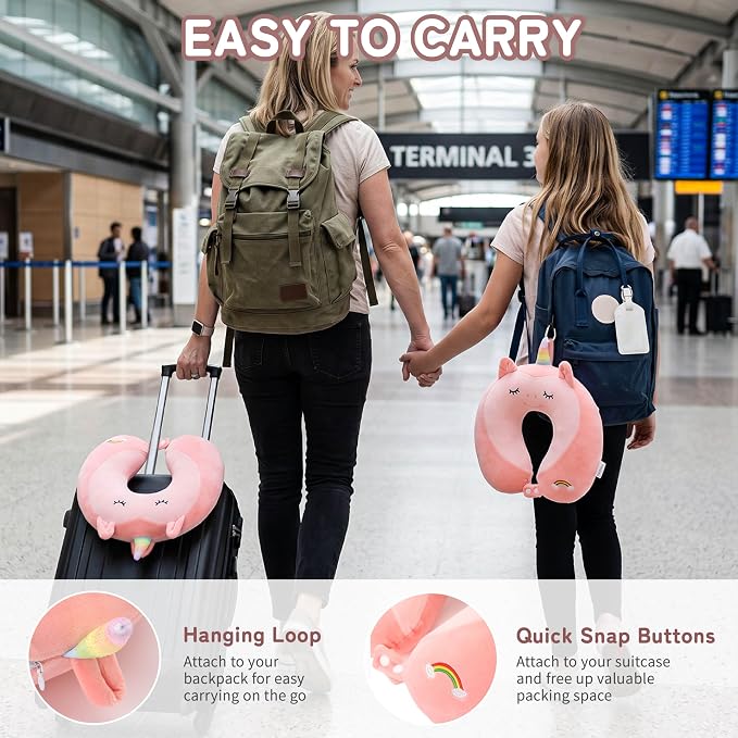Memory Foam Kids Travel Neck Pillow for Ages 9+, Removable Cover, Unicorn | Machine washable, 17 in neck size for teens and adults, 360-degree head and chin support, car and airplane use - Image 5