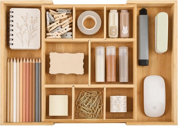 Bamboo Drawer Organizer Expandable Desk Storage Set, 10 Adjustable Compartment Junk Drawer Divider and Trays Containers for Kitchen Utensil, Office Supplies, Makeup, Jewelry & Cosmetics Organization by EHME+EHME+EHME