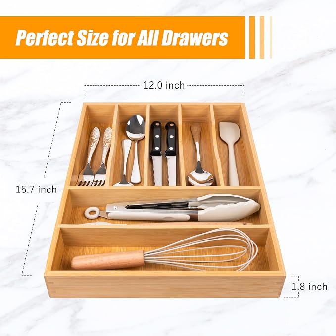 Bellsal Bamboo Silverware Drawer Organizer, Kitchen Utensil Drawer Organizers, 12"x15.7" Utensils Holder Cutlery Tray with Grooved Drawer Dividers for Kitchen Flatware Bedroom Office(7 Slot, Natural) - Image 3