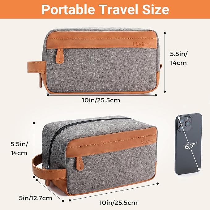 Elviros Travel Toiletry Bag for Men Hanging Dopp Kit Water Repellent PU Leather Shaving Bag with Large Capacity for Travel and Bathroom, Grey - Image 3