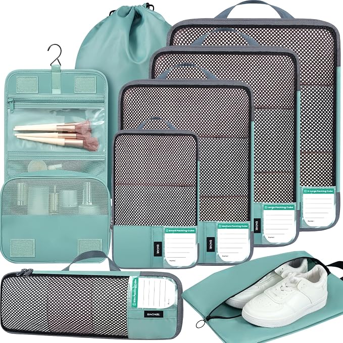 BAGAIL 4 Set/6 Set/8 Set Compression Packing Cubes Travel Accessories Expandable Packing Organizers(HalfMesh,8-DustyBlue) by BAGAIL