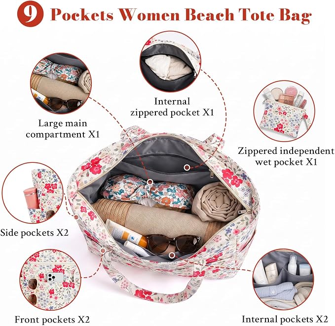 Large Beach Bags for Women, Waterproof Sandproof Beach Tote Bags Swim Pool Bags with Zipper & Wet Pocket Family - Image 6