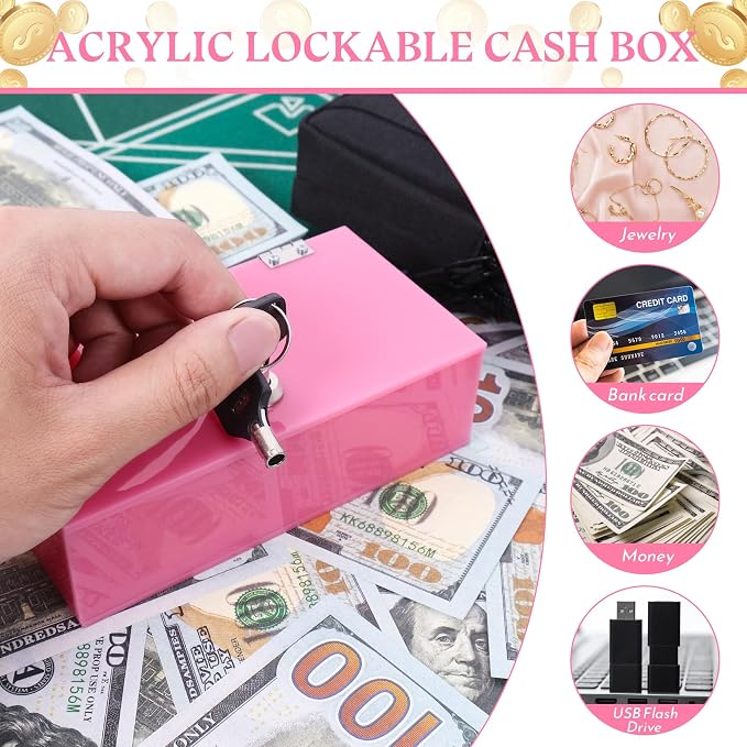 Extra Large Pink Acrylic Box Winners Bank with 2 Keys, Slot, Storage Waist Bag, Portable Casino Cash Money Lock Box Safe for Gamblers, 1Pack - Image 7
