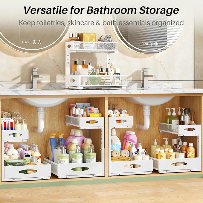 Under Sink Organizer, 2-Pack Pull Out Cabinet Organizer 2 Tier Metal Slide Out Storage Shelf Rack, L-Shaped Adjustable Height,Mesh Sliding Drawer for Kitchen, Bathroom, Laundry, Pantry, White, XL - Image 8