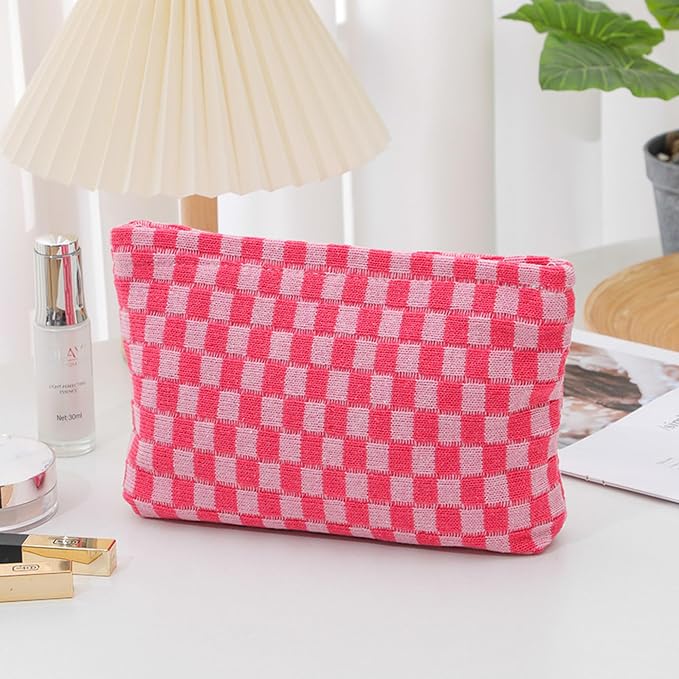 Cosmetic Bags for Women - Corduroy Cosmetic Bag Aesthetic Women Handbags Purses Smile Dots Makeup Organizer Storage Makeup Bag Girls Case Bags (Q-Checkered pink) - Image 3