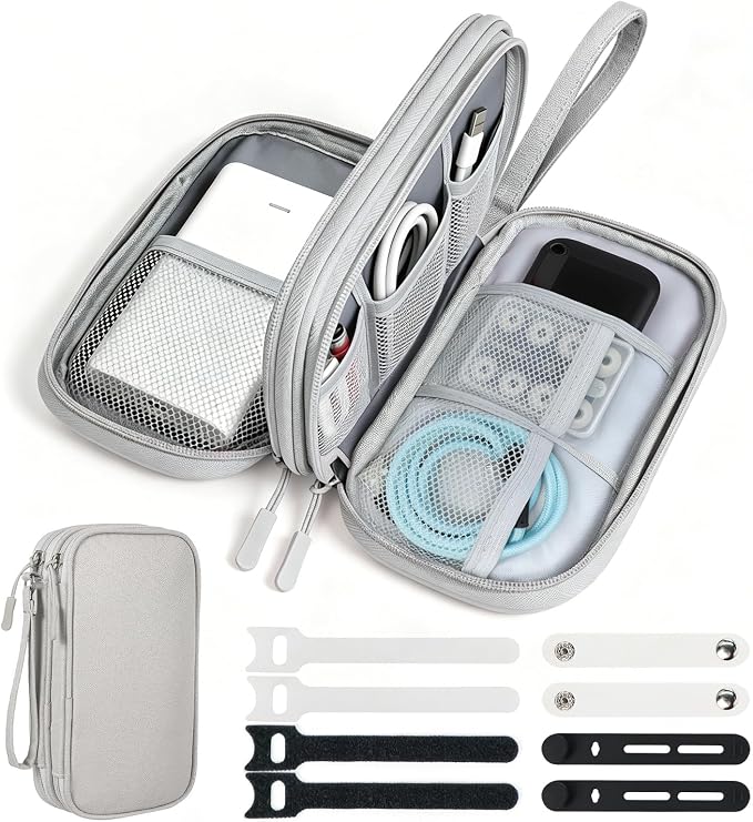 Travel Electronics Organizer, Double Layer Cable Bag, Light Gray | Anti-tangle 8 compartments for 3ft+ cords. Water-resistant Oxford fabric with padded lining. Includes 8 cable ties. by Woyinger