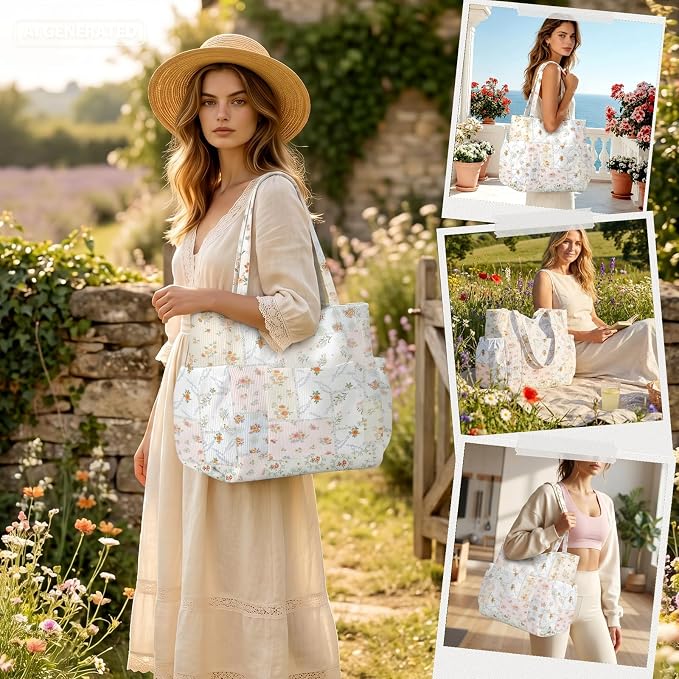 Corduroy Tote Bag for Women,Large Capacity Cute Tote Bags With 6 Pockets,Crossbody Shoulder Handbag for Work Travel Gym - Image 2