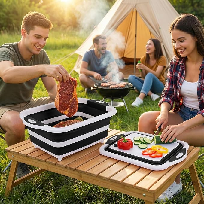 Collapsible BBQ Prep Tub with Lid, Foldable Camping Sink with Colander, Cutting Board, Dish Basin for Kitchen, Bowl, Vegetable and Fruit, Storage Basket for Picnic-Black - Image 2