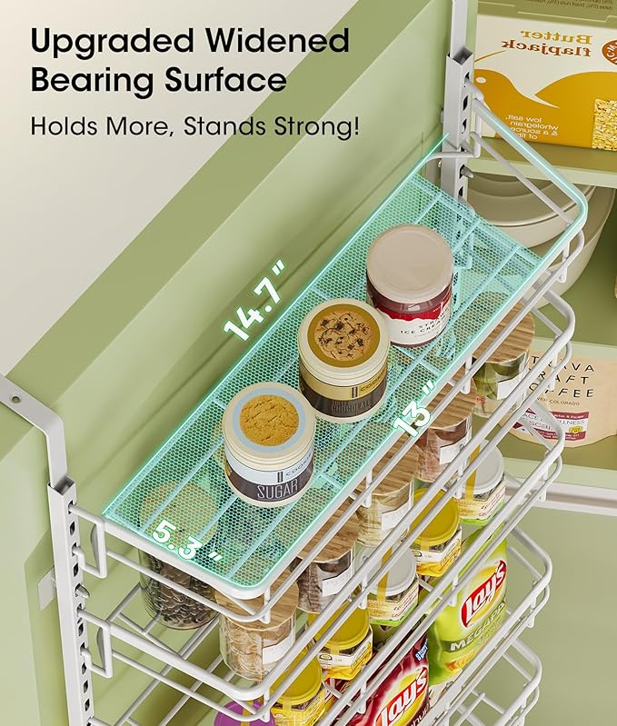Over the Door Pantry Organizer, Adjustable 6 Tier Wide Storage Shelves with Hooks Fit Thin Doors Hold Spices Rack for Pantry Kitchen RV, White - Image 5