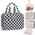 Narwey Hanging Toiletry Bag for Women Checkered Travel Makeup Bag Organizer Cosmetic Make up Toiletries Bag for Travel Essentials Accessories (Black Checkerboard, Medium) by Narwey
