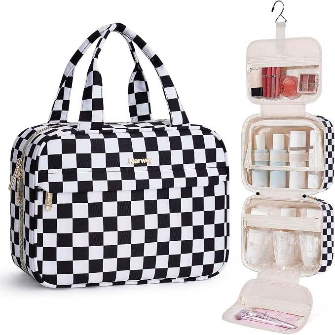 Narwey Hanging Toiletry Bag for Women Checkered Travel Makeup Bag Organizer Cosmetic Make up Toiletries Bag for Travel Essentials Accessories (Black Checkerboard, Medium) by Narwey