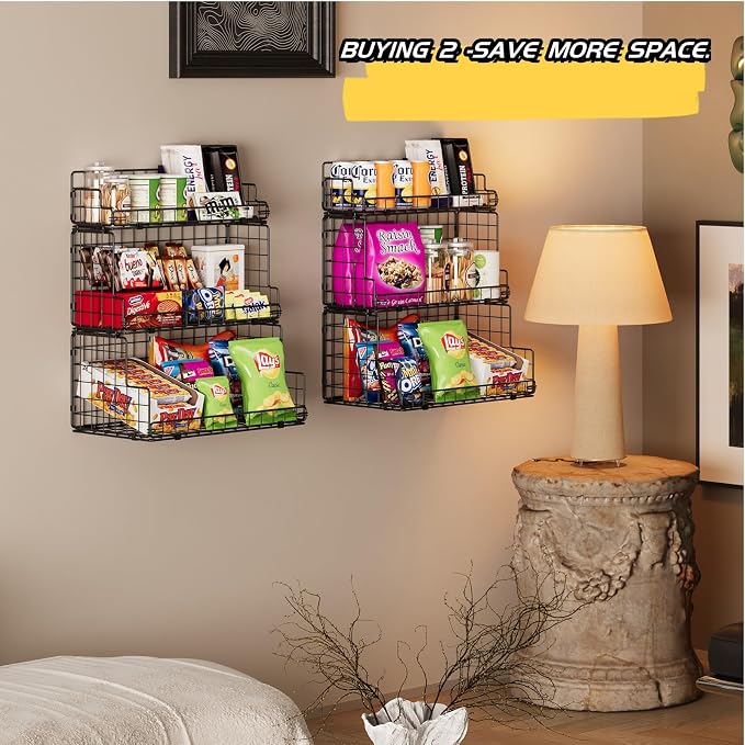 X-cosrack Stackable Wire Basket 3 Tier Countertop& Wall Mounted Metal Storage Basket for Kitchen Pantry Cabinet, Muti-functional Open Front Bin Organizer for Food Fruit Snack, Black - Image 7