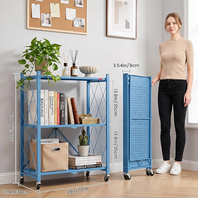 DEANIC 3 Tier Foldable Storage Shelves with Wheels, Kitchen Appliance Stand, Freestanding Metal Wire Shelf Rack, No Assembly Organizer Rolling Cart for Garage, Basement, Pantry(Blue Pack of 2) - Image 3