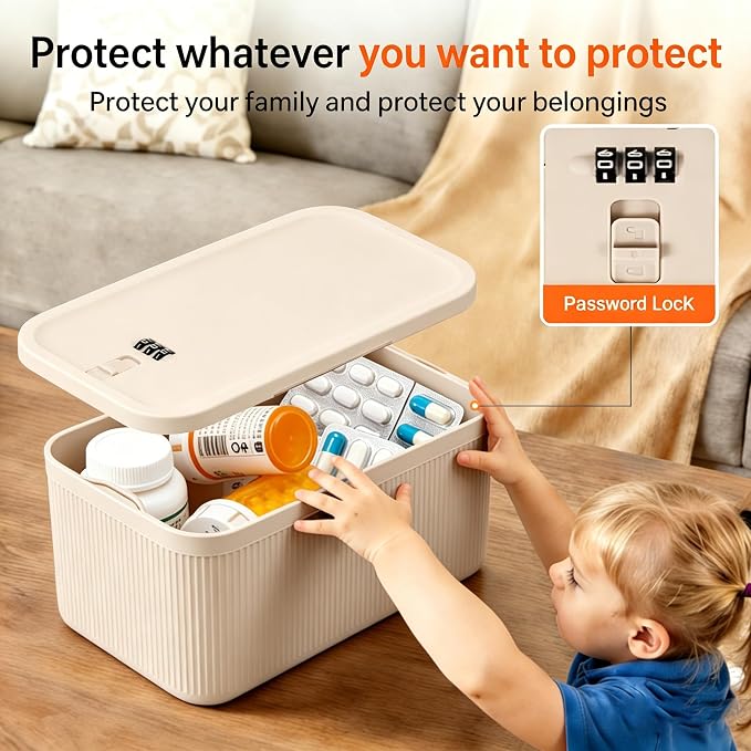 Lockable Storage Box, Plus Lock Box with Code – 2 inch Taller Version for Medication Safe, Phone Jail, Food Snacks, First Aid Kits, Refrigerator, Office, School, Home, Travel Gift (Beige) - Image 3