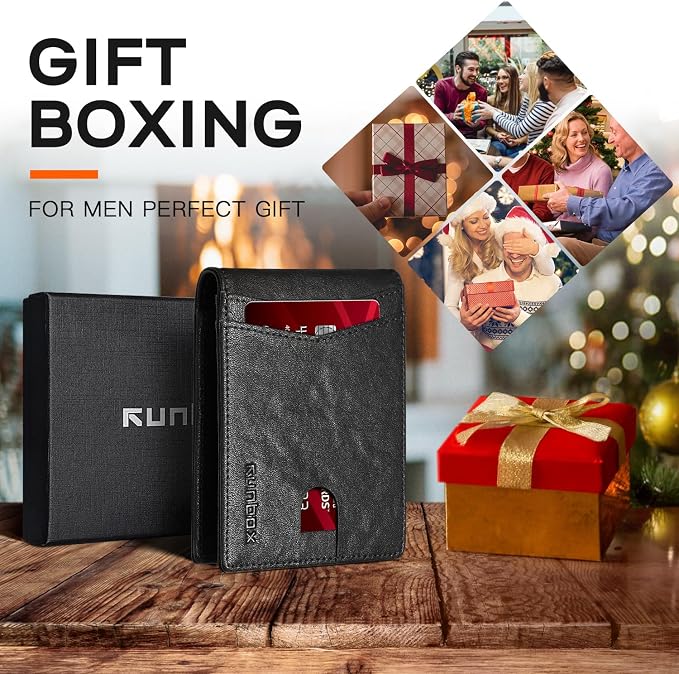 RUNBOX Wallet for Men Slim Leather Bifold RFID Blocking Minimalist Front Pocket Design with Gift Box | Minimalist Front Pocket Design, Holds 8 Cards, RFID Protection, Gifts for Men on Birthdays, Father’s Day, and Christmas - Image 3