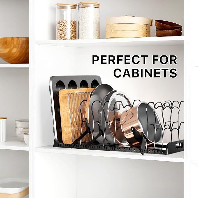 Simple Houseware Expandable Pan Rack 10 Adjustable Compartments, Black | Kitchen Cabinet Organizer for Pots, Pans, Lids & Bakeware - Pantry & Countertop Storage - Image 6