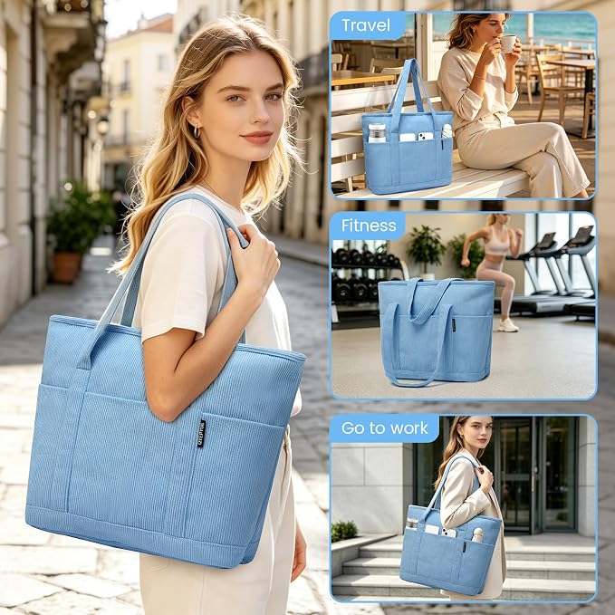 Large Canvas Tote Bag for Women, Beach Bag with Zipper, Utility Tote Bag with 3 Front Pockets, Weekender Pool Bag - Image 6