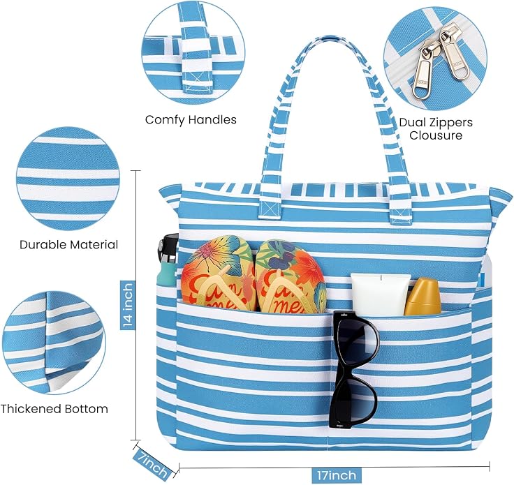 Trifabricy Beach Bags for Women, Waterproof Large Tote Bag With Zipper | Waterproof Sandproof, Zipper Closure, Wet Pocket, For Beach Gym Travel Shopping Vacation, Durable Lightweight, Easy Clean - Image 3