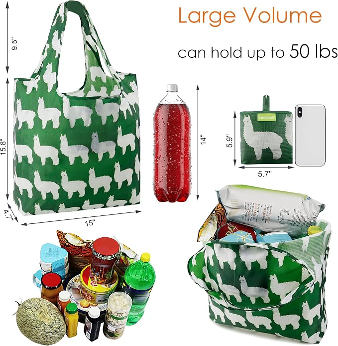 BeeGreen Animal Reusable Shopping Bags Cute Grocery Bag 6 Pack, Christmas Gift Bags Heavy-Duty Foldable Shopping Totes for Supermarket, Work & Travel, Large Washable Polyester Tote Bag with Handles - Image 2