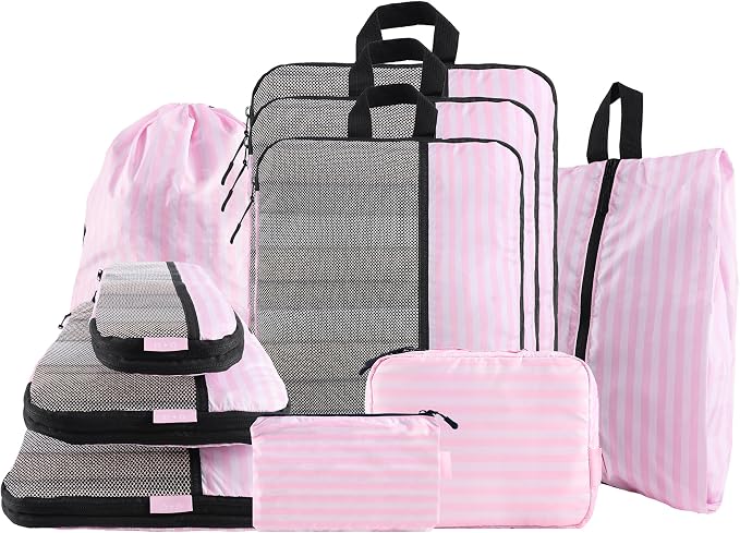 U+U 10 Set Compression Packing Cubes, Travel Organizers (Pink Stripe) | Space-Saving & Complete Travel Set by UU