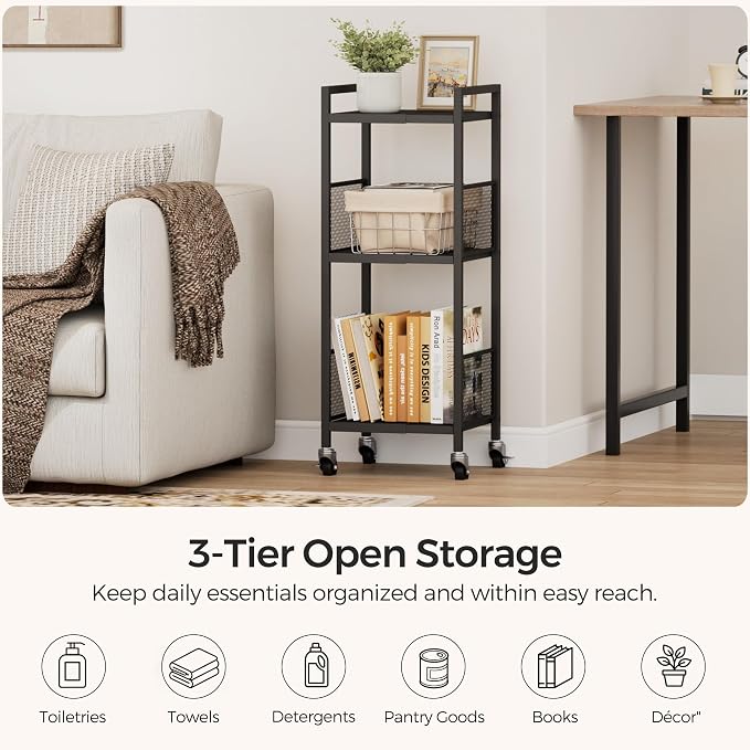 3-Tier Expandable Storage Shelving Unit,Slim Storage Cart,Metal | Adjustable Width 8.3" to 12.6", Bathroom Shelves, Narrow Shelf,Rolling Utility Cart, for Laundry, Bathroom,Small Spaces Black - Image 4