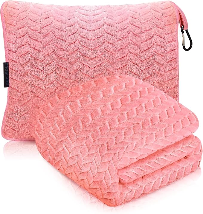 Travel Blanket and Pillow Set, Soft Fleece Airplane Blanket, Pink | Ultra Soft Lightweight Portable Cozy Blanket for Airplane, Car, Bus Travel, for Men, Women and Kids, XL 42" x 68" by ProGlobe