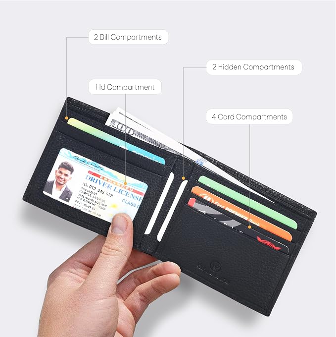 VALENCHI Genuine/Real Leather Bifold Wallet For Men - RFID Blocking/Protected Men's Slim Wallet -Christmas Gifts For Men (Black Pebble BF01) - Image 2