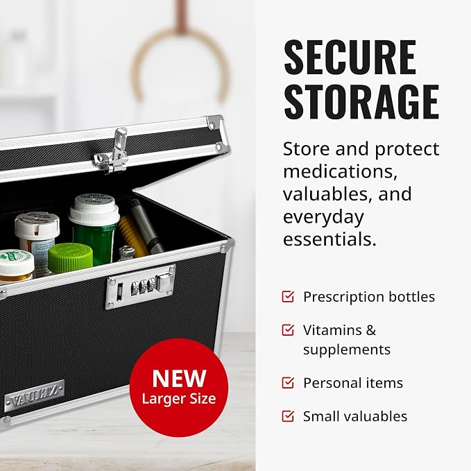 Vaultz Locking Medicine Box with Combination Lock - Secure Metal Lock Box Safe for Medication, Pills & Valuables, Small Lockbox with Code, Portable Storage Case, Black | Durable metal lock box holds up to 8 prescription bottles, 3-digit combination cod... - Image 3