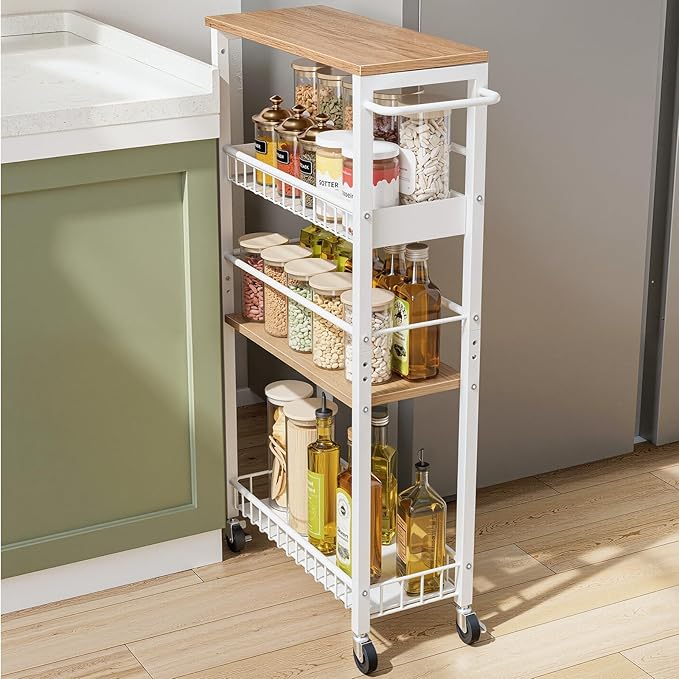 Slim Rolling Storage Cart, 4 Tier Narrow Storage Cart, 7.1in(W) | Metal Kitchen Rolling Cart for Small Spaces, Narrow Shelf for Kitchen, Laundry Room, Bathroom, Living Room by Kssiaz
