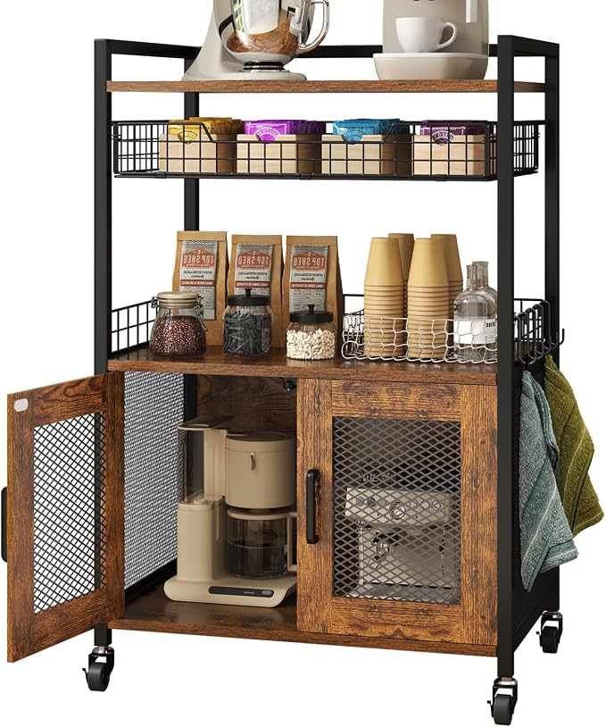 Hencawima Coffee Bar Cabinet, 3 Tier Coffee Station Table on Wheels, 35.9" H Bar Cart with Wire Basket Drawer & 5 Hooks for Home Kitchen, Liquor Buffet Sideboard Cabinet (Rustic Brown) - Image 9