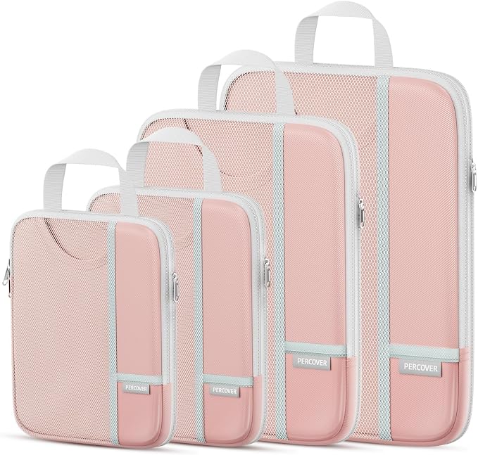 Percover Compression Packing Cubes for Travel, 4-Piece Structured Compression Organizer Set with Label Pockets for Carry-On & Checked Luggage, Pink by Unknown