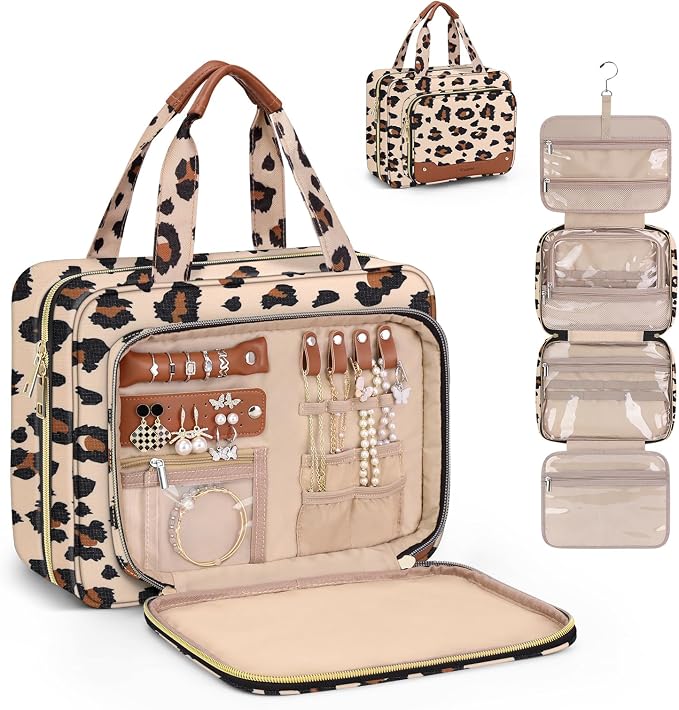 Toiletry Bag for Women, Hanging Travel Toiletry Bag with Jewelry Organizer Compartment Large Makeup Bag, PVC Waterproof Cosmetic Travel Bag Trips Camping Bathroom, Leopard Print by Wedama