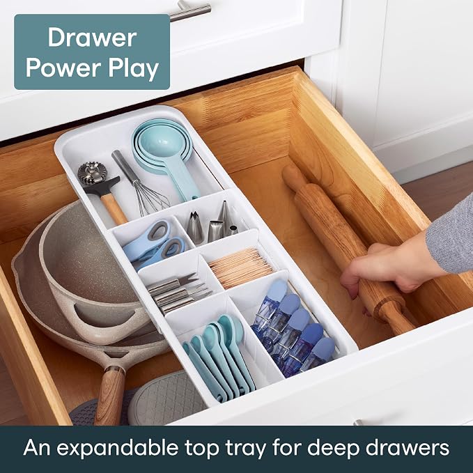 YouCopia DrawerFit Sliding Drawer Tray with Adjustable Dividers, Expandable Kitchen Storage Organizer, Speckled White - Image 2