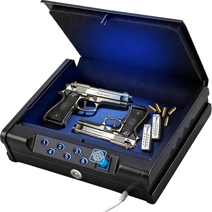 Biometric Fingerprint Handgun Safe, Small Nightstand Gun Lock Box with 3 Access Modes, 0.1s Quick Fingerprint Unlock & Voice Prompt, Heavy Steel Pistol Storage Box for Bedroom Home and Vehicle Use by Unknown