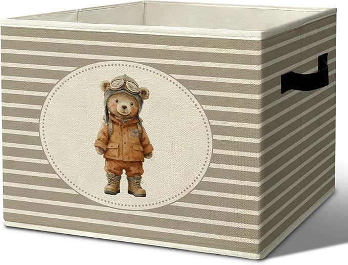 Rustic Aviation Bear Storage Bins Boxes with Handles | toys books clothes, grey striped nursery foldable basket for organizing bedroom toddler room playroom by Unknown
