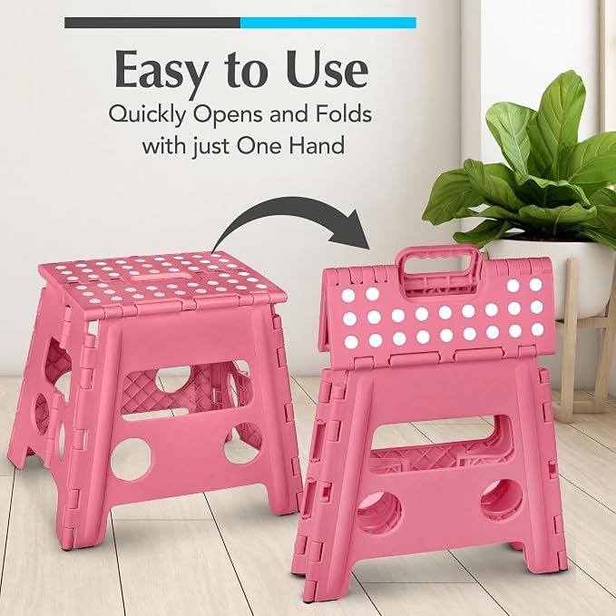 Folding Step Stool 13 Inch for Adults, Non-Slip, Holds Up to 300 lbs - Handy Laundry Foldable Stepping Stool with Handle, Lightweight Collapsible for Kitchen, Bathroom, Bedroom, Pink - Image 3