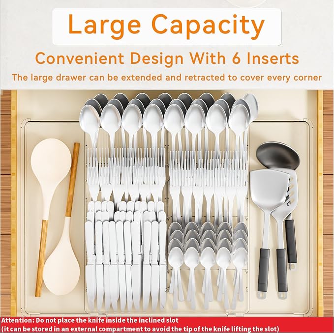 Large Expandable Silverware Organizer - Adjustable From 11'' to 21.3'' - Spatula,Gadget,Knife,Cutlery,Spoons and Forks Organizer,Clear Flatware,Silverware Tray,Utensil Organizer for Kitchen Drawers - Image 6