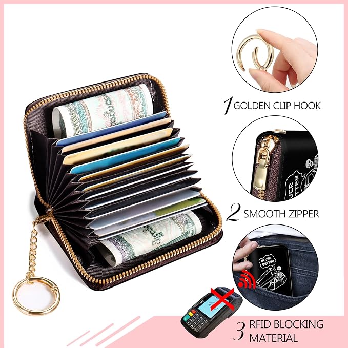 Blusabaca RFID Credit Card Holder Small Women Travel Wallet, Funny Skull | Removable Keychain, Case with Zipper, Vegan PU Leather, Cash Coin Pocket, Business Accordion Purse, Ladies Female Gift - Image 4