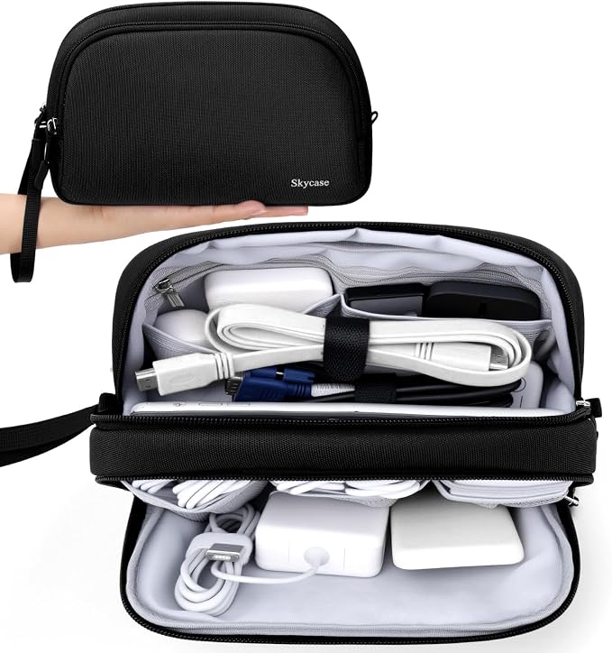 Skycase Travel Cable Organizer - Lightweight Water Resistant Dual-Layer Tech Pouch with Wrist Strap 9 Compartments Electronic Organizer Travel Case for Charger Cord Hard Drive,Large,Black by Skycase