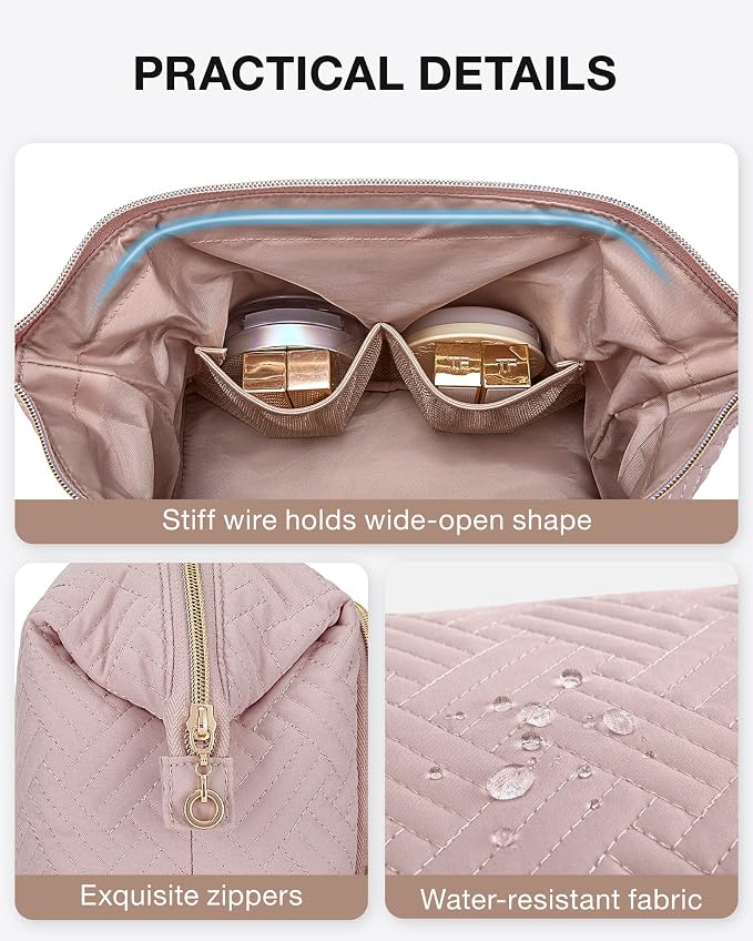 BAGSMART Travel Makeup Bag, Cosmetic Bag Small Make Up Organizer Case,Wide-open Pouch for Women Purse for Toiletries Accessories Brushes Pink - Image 6