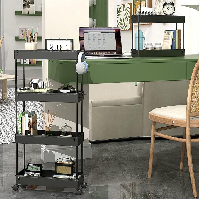 SPACEKEEPER Slim Rolling Storage Cart, 4 Tier Bathroom Cart Organizer,Black | Narrow Rolling Cart with Wheels for Kitchen Office Bathroom Laundry Room,Mobile Utility Cart for Craft Art Makeup Nail Polish - Image 6
