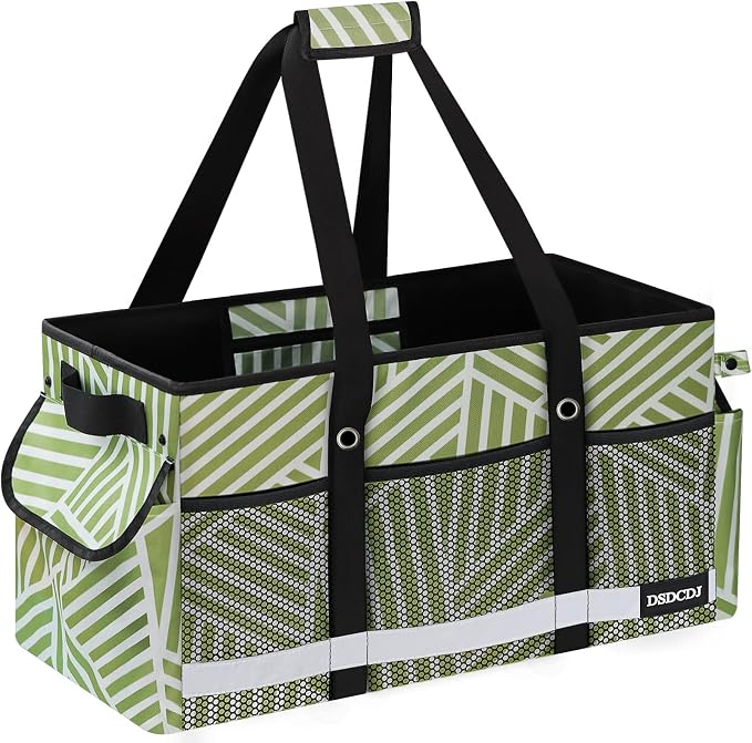 Upgrade Extra Large Utility Tote Bag with Reflective Strip, Standing Reusable Grocery Bags with Hard Bottom, Collapsible Utility Tote with Handles for Shopping, Beach, Picnics, Car, Twill Green by DSDCDJ