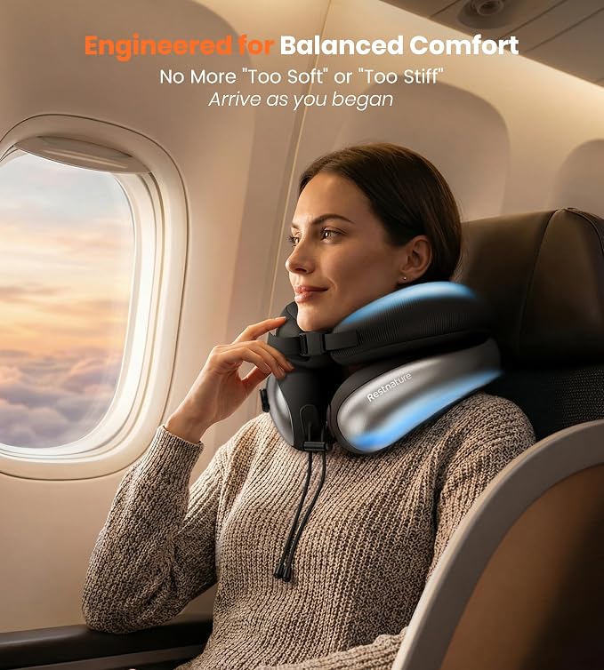 Neck Pillow for Traveling, Travel Pillows for Airplanes, Adjustable Neck Pillow Airplane Travel Essentials - 2 Layer Patented | Inflatable Air Loop & Memory Foam for 360° Ergonomic Support - Image 4