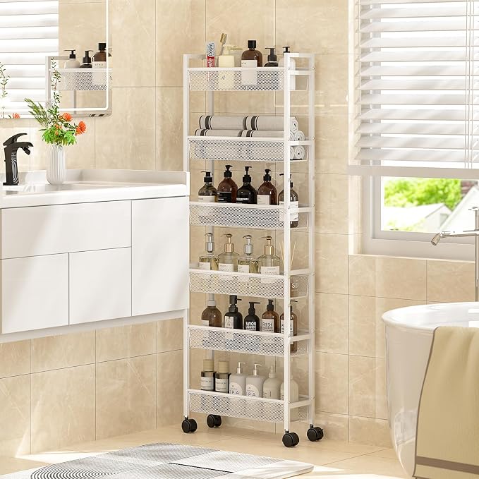 ThreeHio 6 Tier Slim Storage Cart, Narrow Cart with Wheels, Metal Mobile Shelving Unit Organizer for Bathroom, Kitchen, Laundry Room, Living Room & Narrow Spaces, White, 6in(W) - Image 4