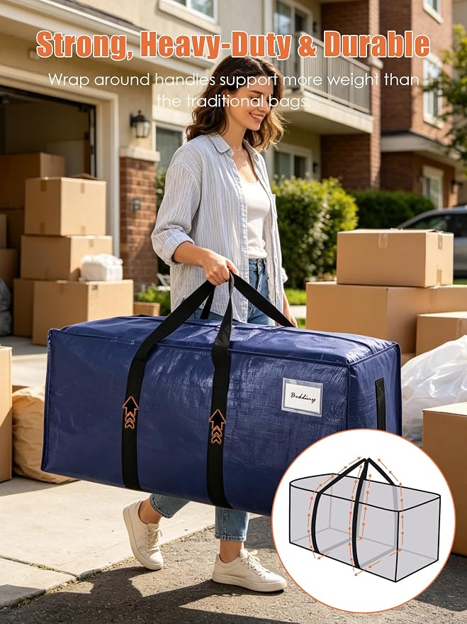 SWEET DOLPHIN 8 Pack 200LB Heavy-Duty Moving Bags with Wrap-Around Handles, Extra Large Storage Totes for Space Saving, Clothes Storage Bags, College Dorm Essentials, Blue, 24 Gal - Image 2